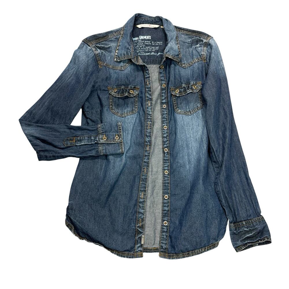 Tom Tailor Denim Shirt Blue Womens Sz XS Curved Hem Long Sleeves Vtg